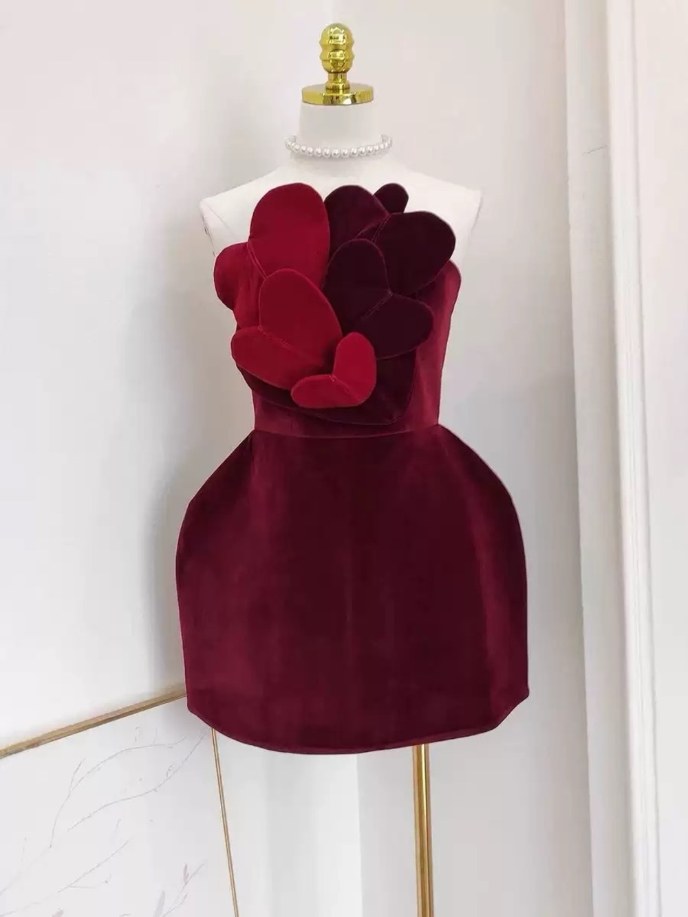 Strapless Burgundy Velvet Mini Dress with 3D Heart Appliqué